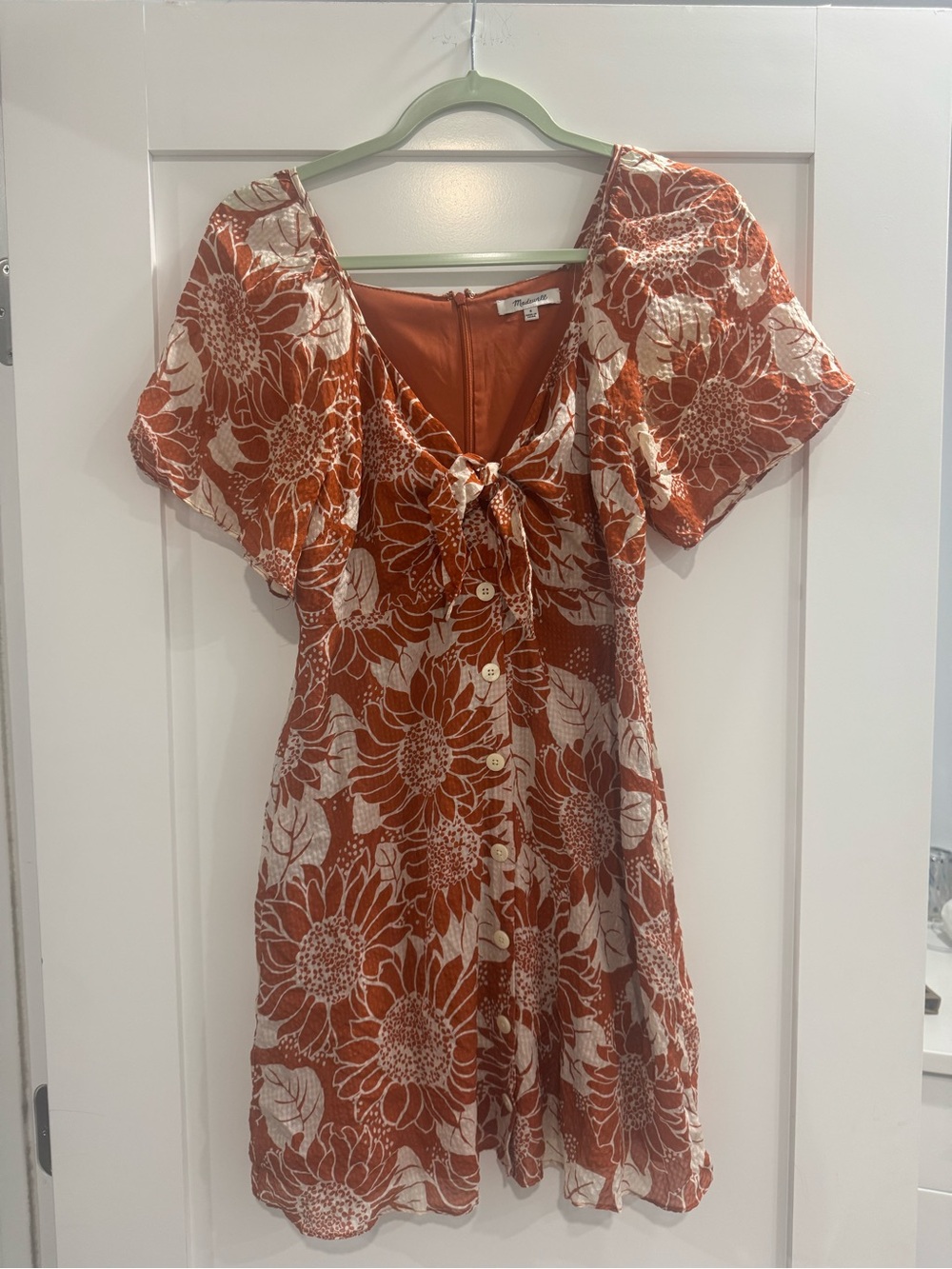 Madewell Silk Rust and Cream Floral Tie-Front Mini Dress - Picture 3 of 6